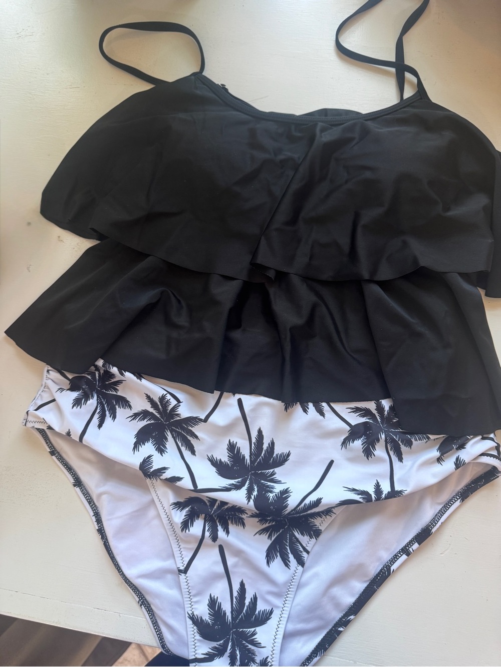 Black Ruffle Tankini Top with Black & White Palm-Print Bottoms